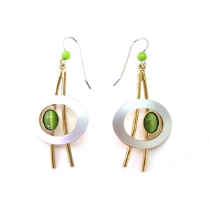 Two tone Shiny Gold and Green Swoosh - with Silver Oval Earrings